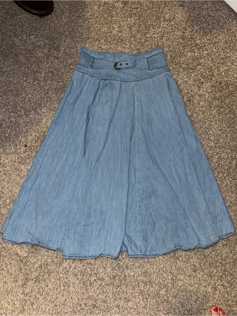 eShakti Chambray A-Line Midi Skirt Belted Light Wash Size 6